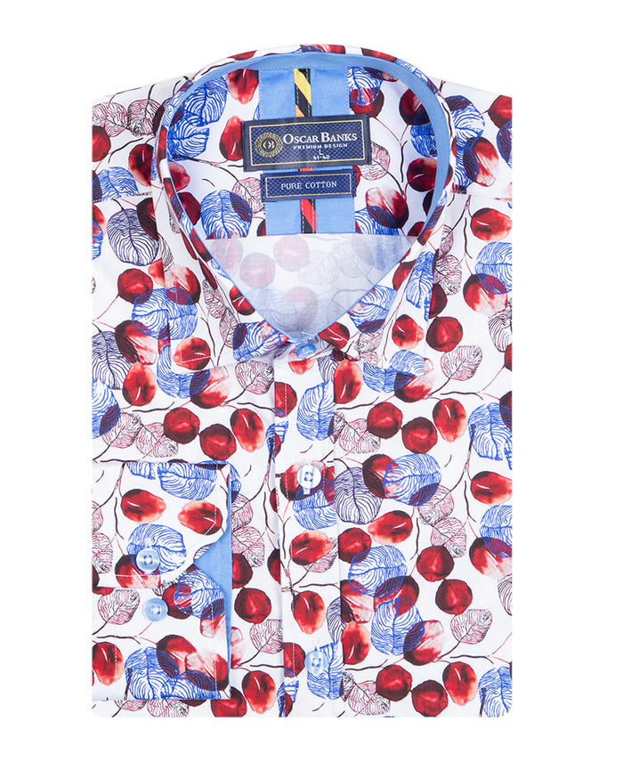 White Blue Leaf Print Shirt with Matching Handkerchief-Makrom
