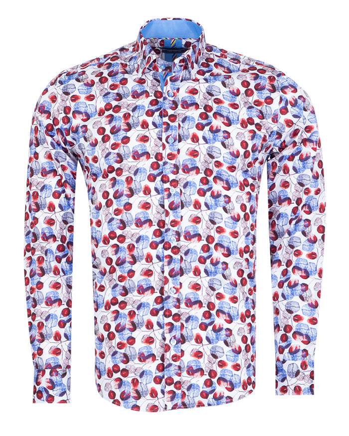 White Blue Leaf Print Shirt with Matching Handkerchief-Makrom