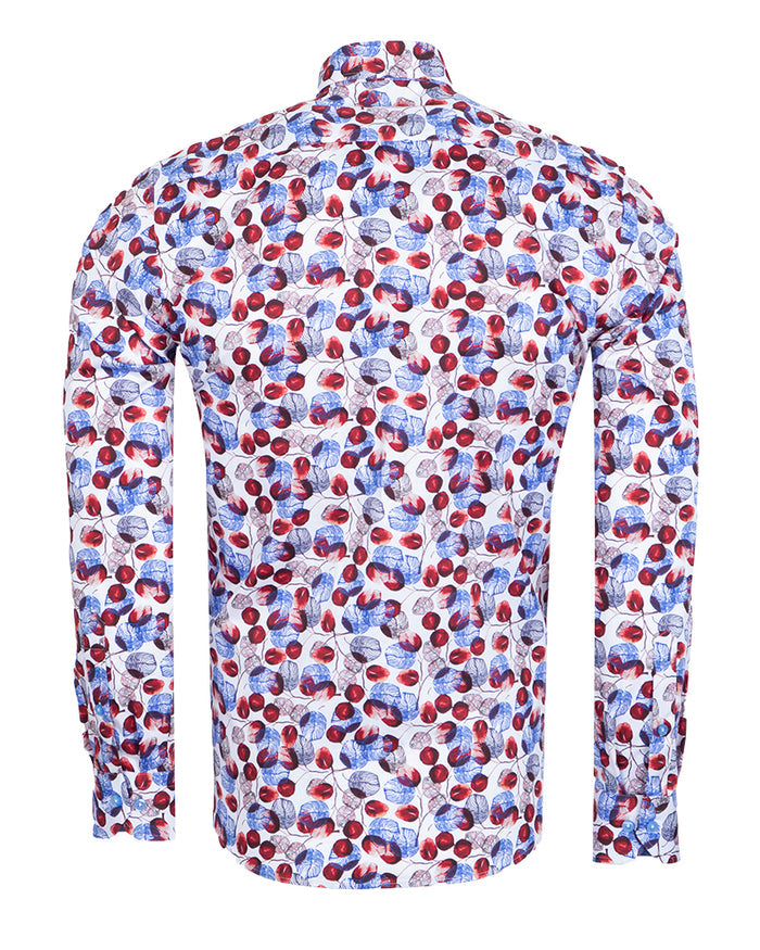 White Blue Leaf Print Shirt with Matching Handkerchief-Makrom