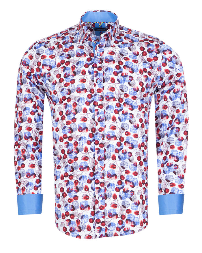 White Blue Leaf Print Shirt with Matching Handkerchief-Makrom