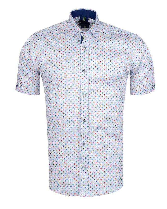 White Colourful Polka Print Short Sleeve Shirt-Makrom