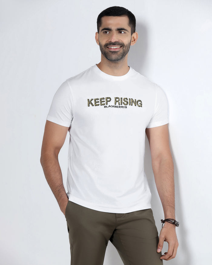 White Crew Neck Solid T-Shirt - Rising