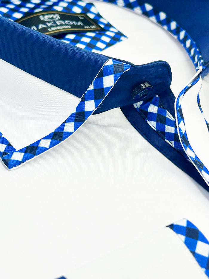 White Fashion Shirt with Stripe & Tartan Collar Tip Design-Makrom
