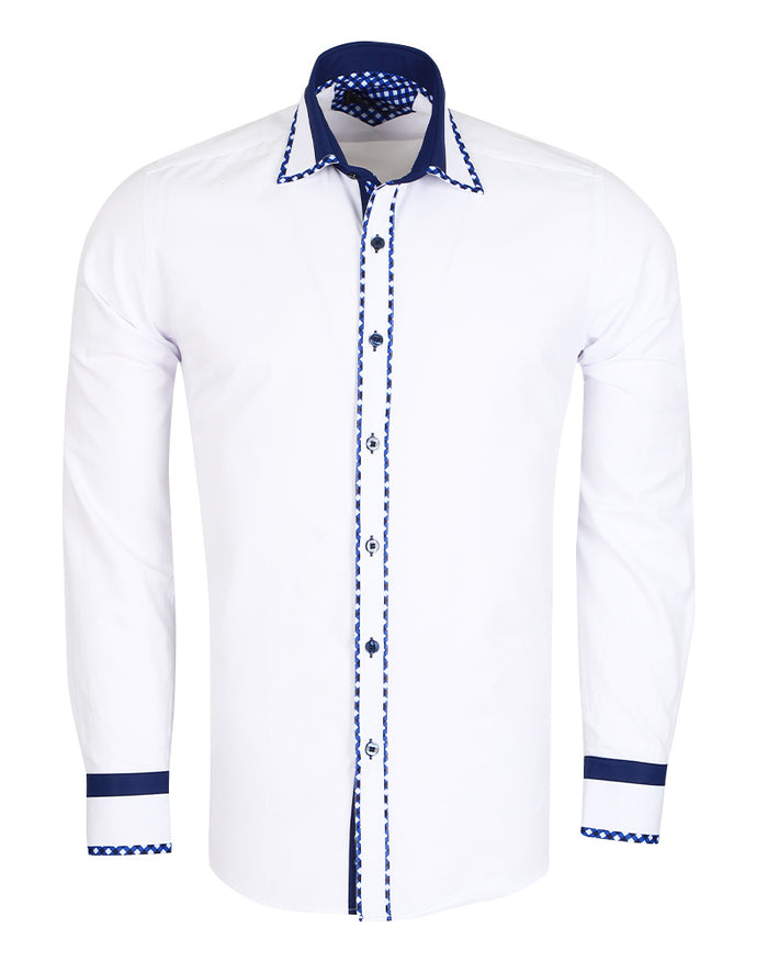 White Fashion Shirt with Stripe & Tartan Collar Tip Design-Makrom