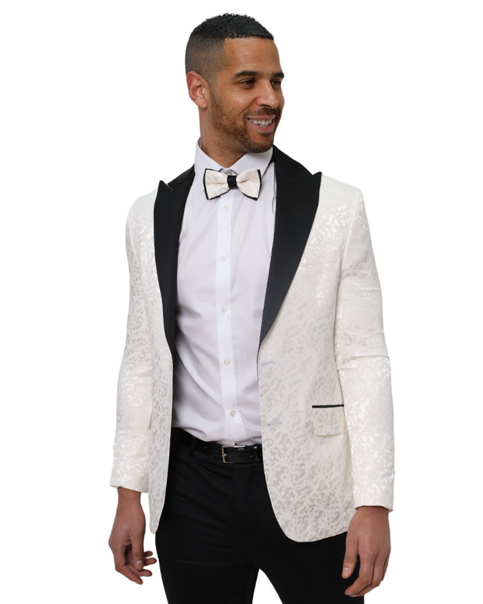 White Floral Blazer with Contrasting Lapel-Makrom