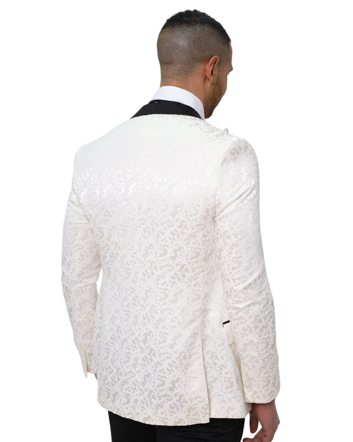 White Floral Blazer with Contrasting Lapel-Makrom