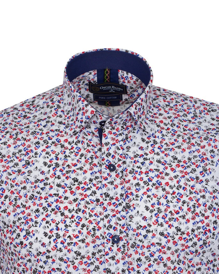 White Floral Print Short Sleeve Shirt-Makrom