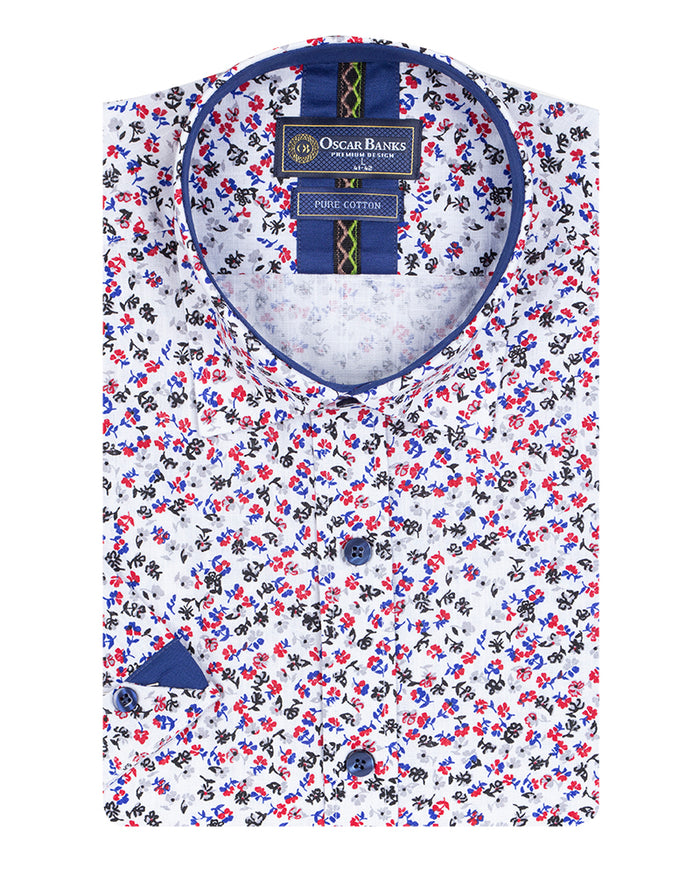 White Floral Print Short Sleeve Shirt-Makrom