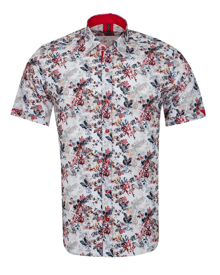 White Flower Print Short Sleeve Shirt-Makrom