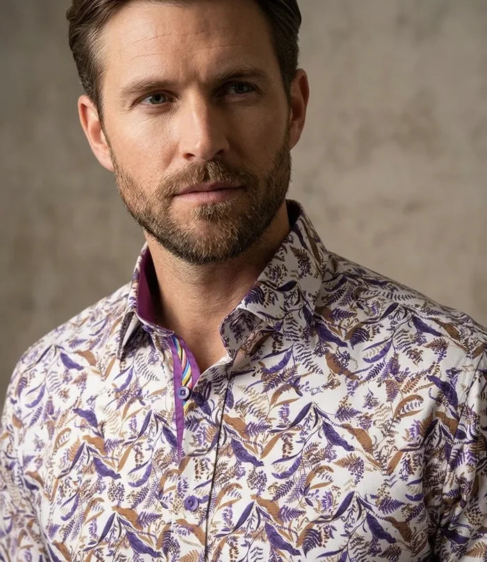 White Leaf Print Shirt with Matching Handkerchief