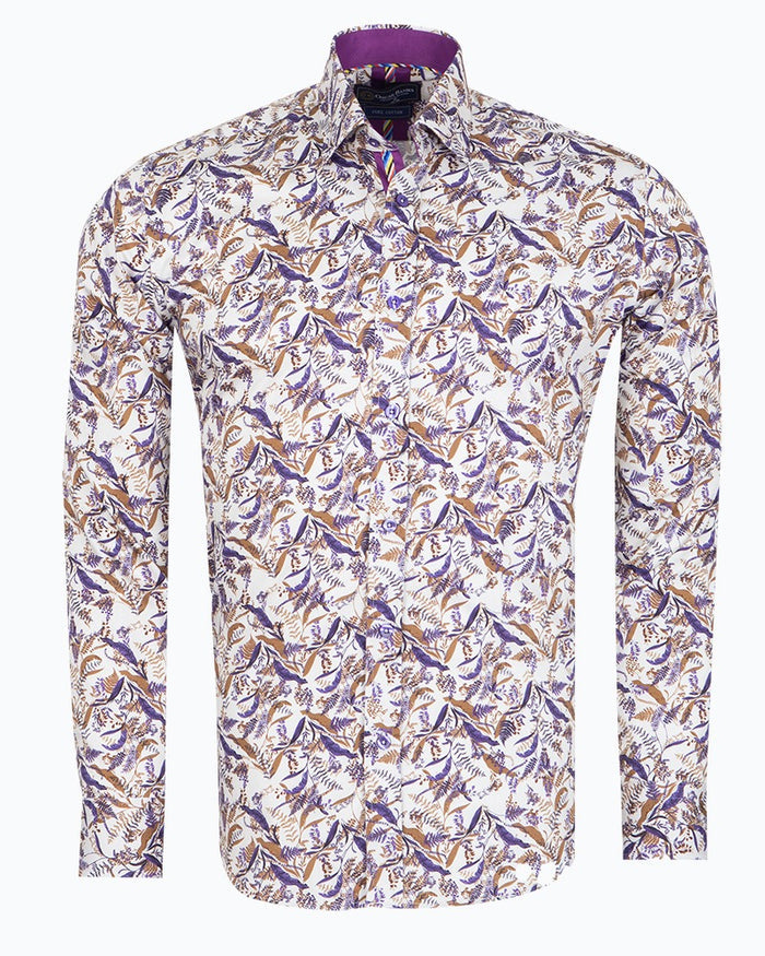 White Leaf Print Shirt with Matching Handkerchief-Makrom
