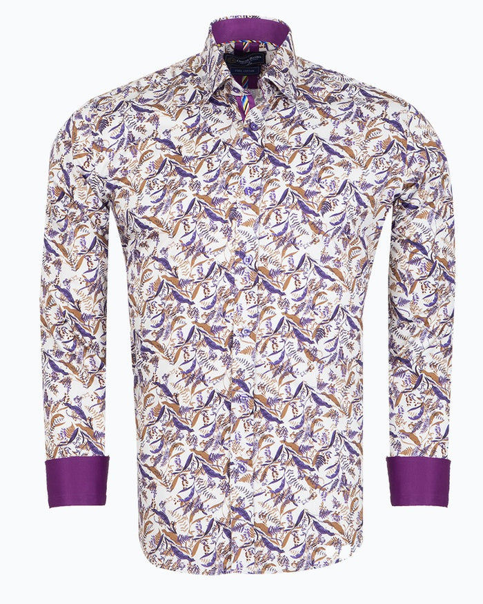 White Leaf Print Shirt with Matching Handkerchief-Makrom