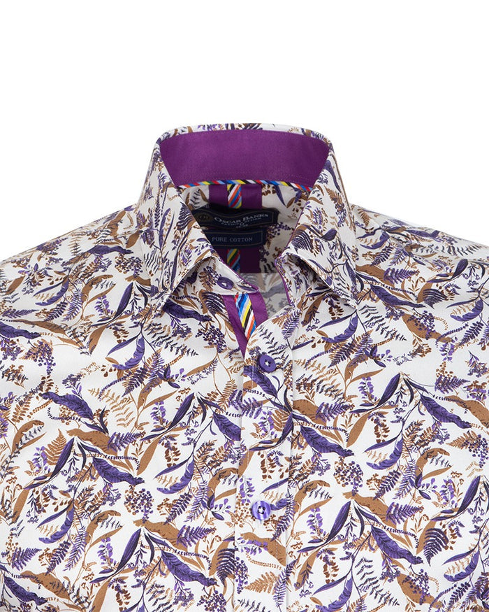 White Leaf Print Shirt with Matching Handkerchief-Makrom