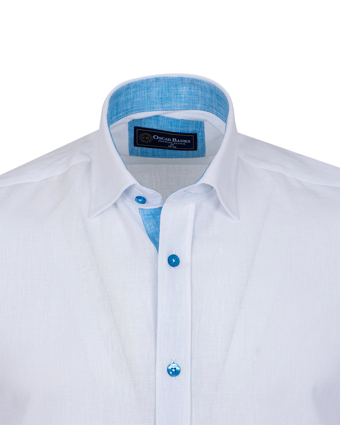 White Linen Plain Short Sleeve Shirt-Makrom