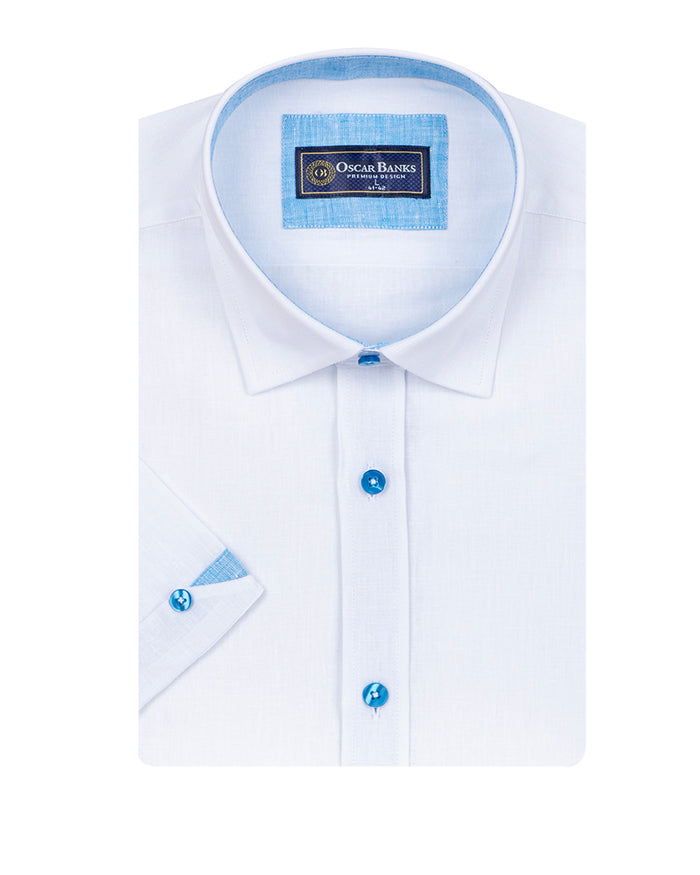 White Linen Plain Short Sleeve Shirt-Makrom