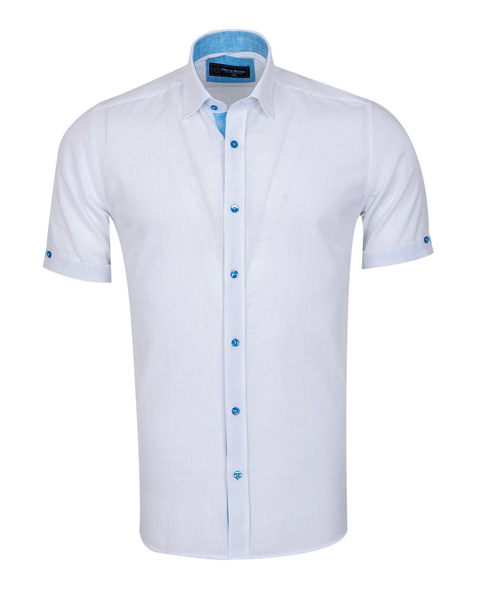 White Linen Plain Short Sleeve Shirt-Makrom