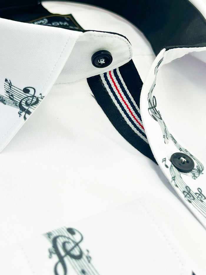 White Musical Print Long Sleeve Shirt-Makrom