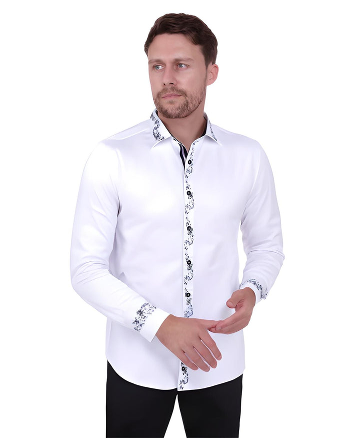 White Musical Print Long Sleeve Shirt-Makrom