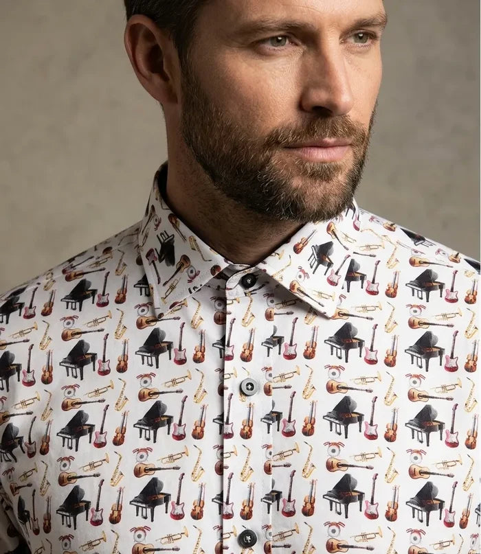 White Orchestra Instrument Print Shirt with Matching Handkerchief