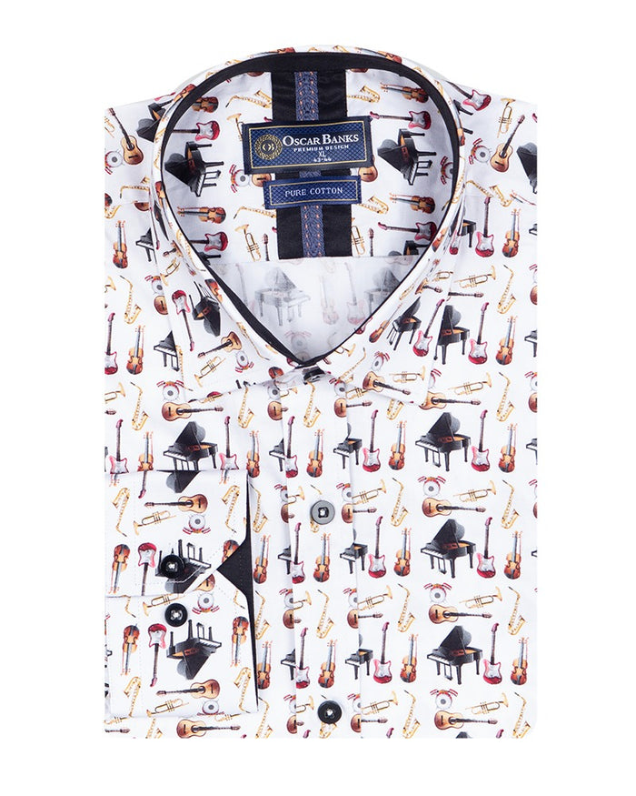 White Orchestra Instrument Print Shirt with Matching Handkerchief-Makrom