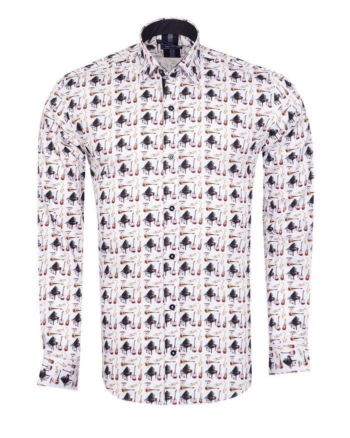 White Orchestra Instrument Print Shirt with Matching Handkerchief-Makrom