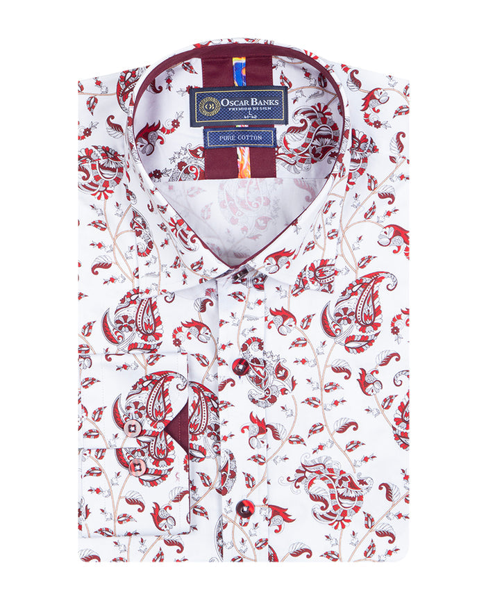 White Paisley Print Shirt with Matching Handkerchief-Makrom