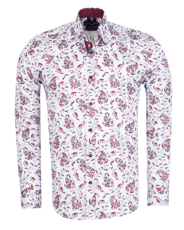 White Paisley Print Shirt with Matching Handkerchief-Makrom