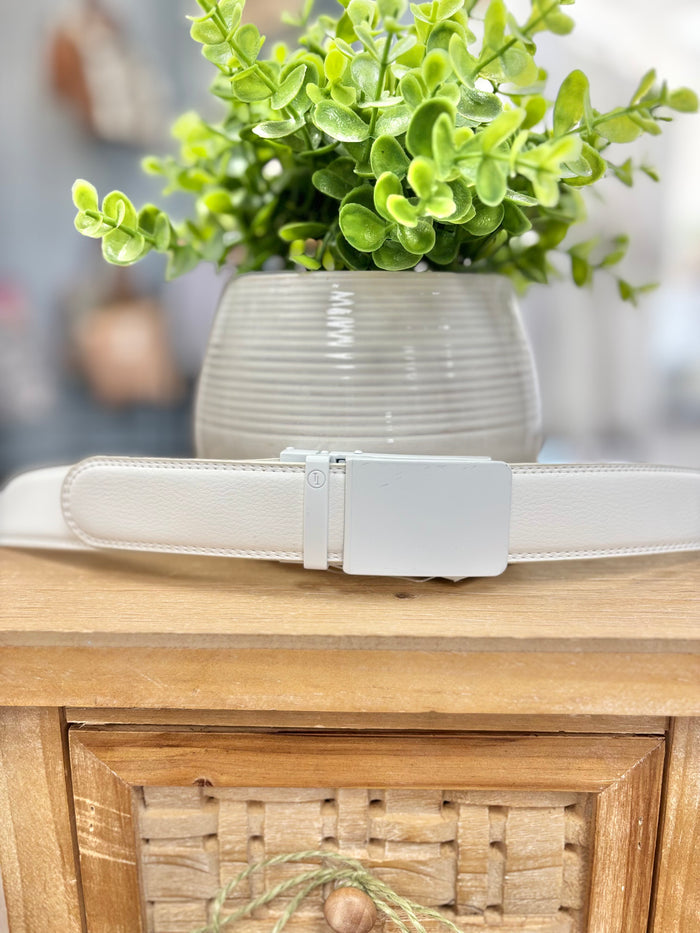 White Ratchet Temple Belt-White Solid Buckle