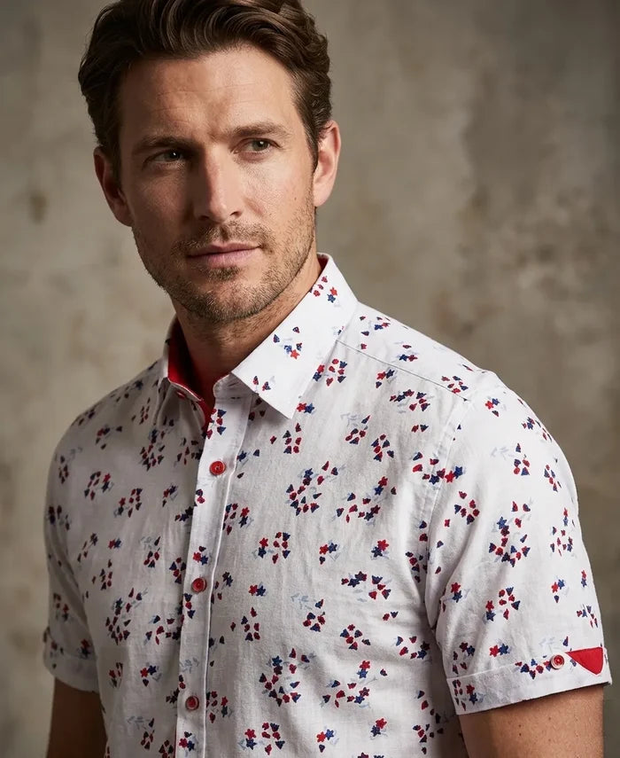 White Small Flower Pattern Print Short Sleeve Shirt