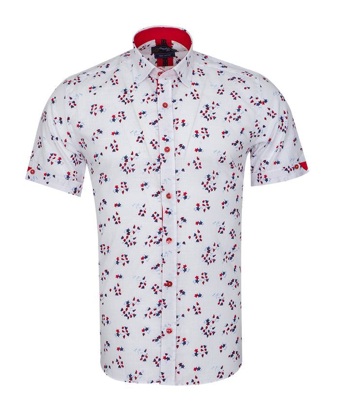 White Small Flower Pattern Print Short Sleeve Shirt-Makrom