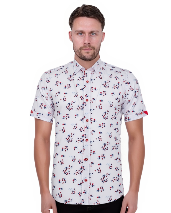 White Small Flower Pattern Print Short Sleeve Shirt-Makrom