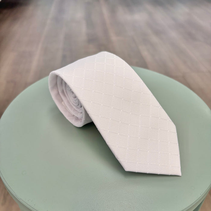 White tie with subtle square pattern.