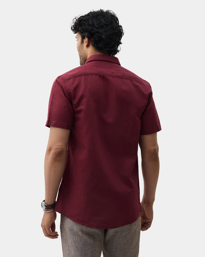 Wine Red Half Sleeve Linen Solid Shirt - Cleo