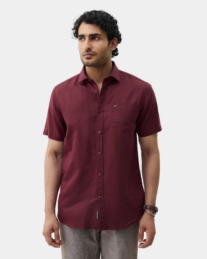 Wine Red Half Sleeve Linen Solid Shirt - Cleo