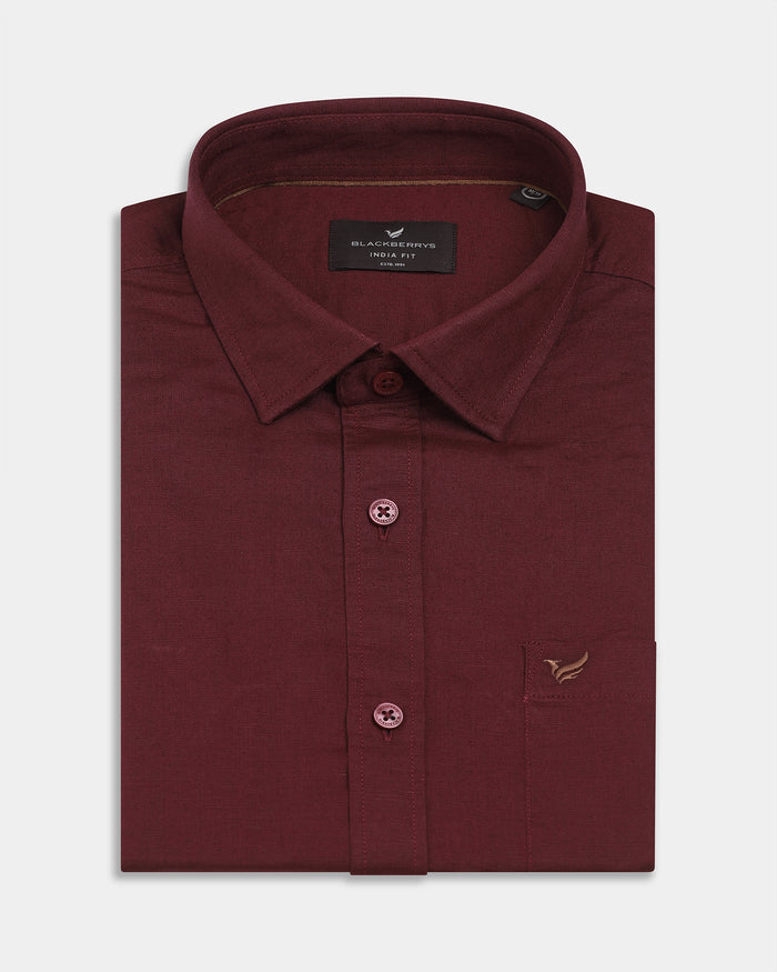 Wine Red Half Sleeve Linen Solid Shirt - Cleo