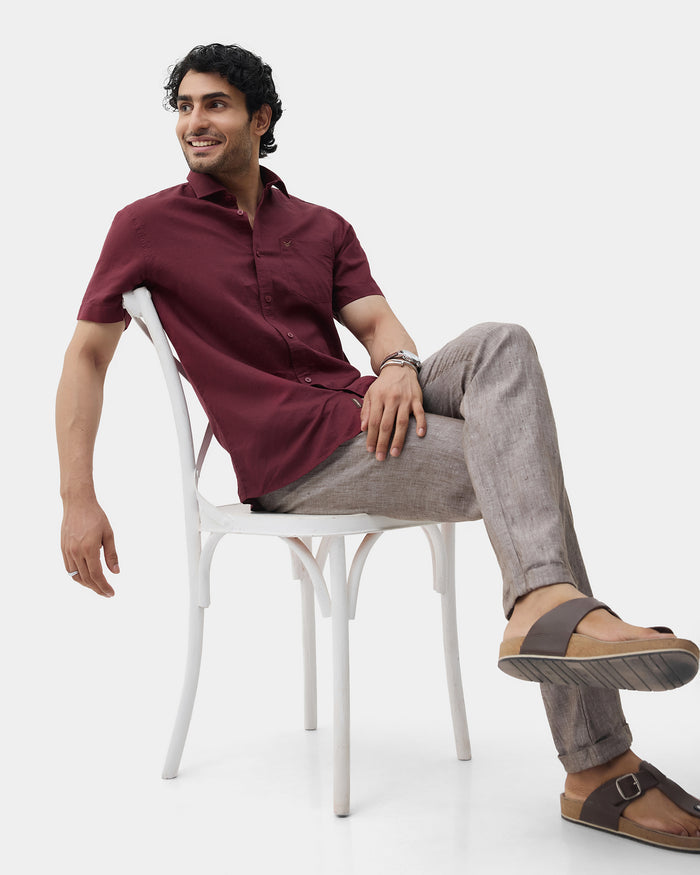 Wine Red Half Sleeve Linen Solid Shirt - Cleo
