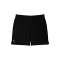 A pair of women's 5-inch core black shorts with an elastic waistband, side pockets, and a small brand logo on the left leg.