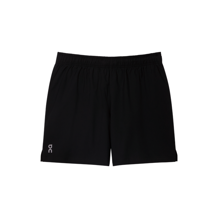 A pair of women's 5-inch core black shorts with an elastic waistband, side pockets, and a small brand logo on the left leg.