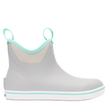 Gray rain boot with teal accents on a white background