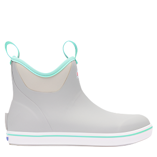 Gray rain boot with teal accents on a white background