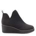 A black knit wedge bootie with a pull-on style, designed for women.
