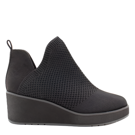 A black knit wedge bootie with a pull-on style, designed for women.