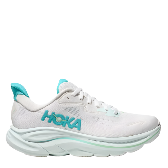 A pair of women's Hoka Clifton 10 running shoes in white with blue accents and a green sole.