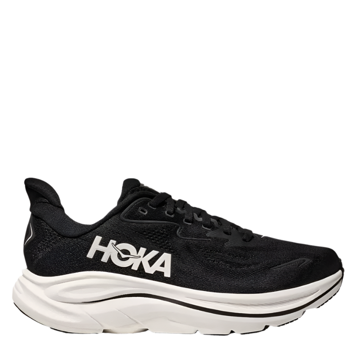 A pair of women's Hoka Clifton 10 running shoes in black color with white lace and midsole.
