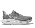 Gray running shoe with white sole on a white background