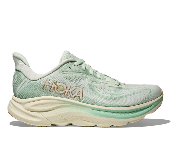 Light blue running shoe with 'Hoka' branding on a white background