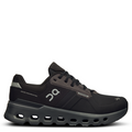 A pair of women's waterproof running shoes with a black upper and a black sole.