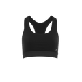 A black women's sports bra in a racerback design, hook and clasp free, with stabilized straps and an elastic underband.