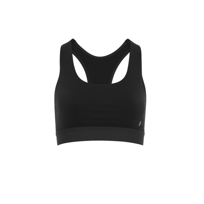 A black women's sports bra in a racerback design, hook and clasp free, with stabilized straps and an elastic underband.