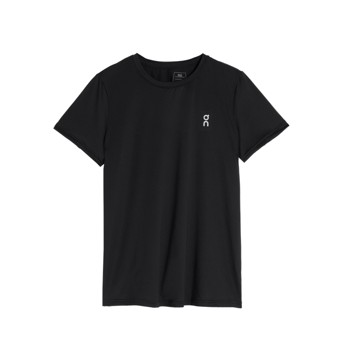 A black crew-neck t-shirt with a small brand logo on the chest.